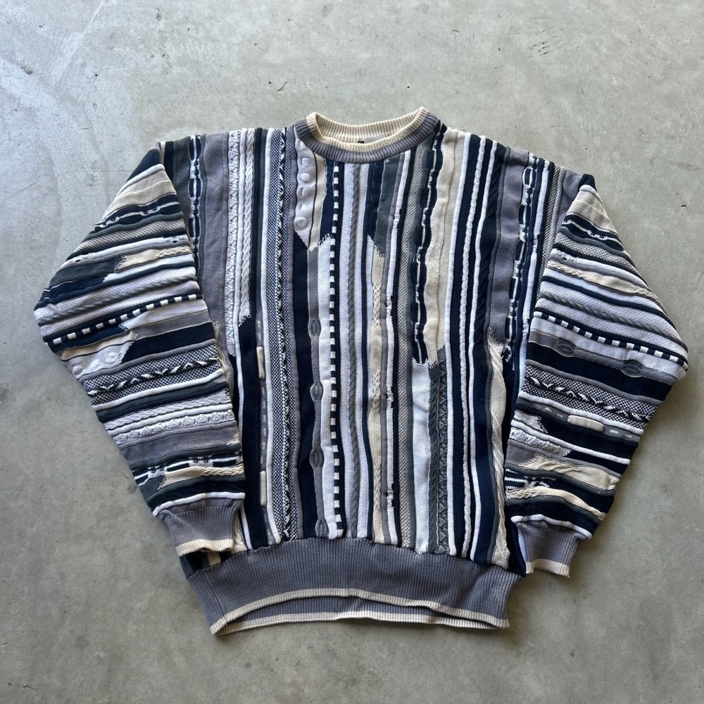 Vintage Bachrach 3D Knit Sweater XL Grey Blue Coogi Style Textured Pullover